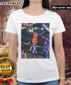 Alt Text: Jalen Williams soaring for a score in black game frames, featured on an Oklahoma ladies' tee shirt.