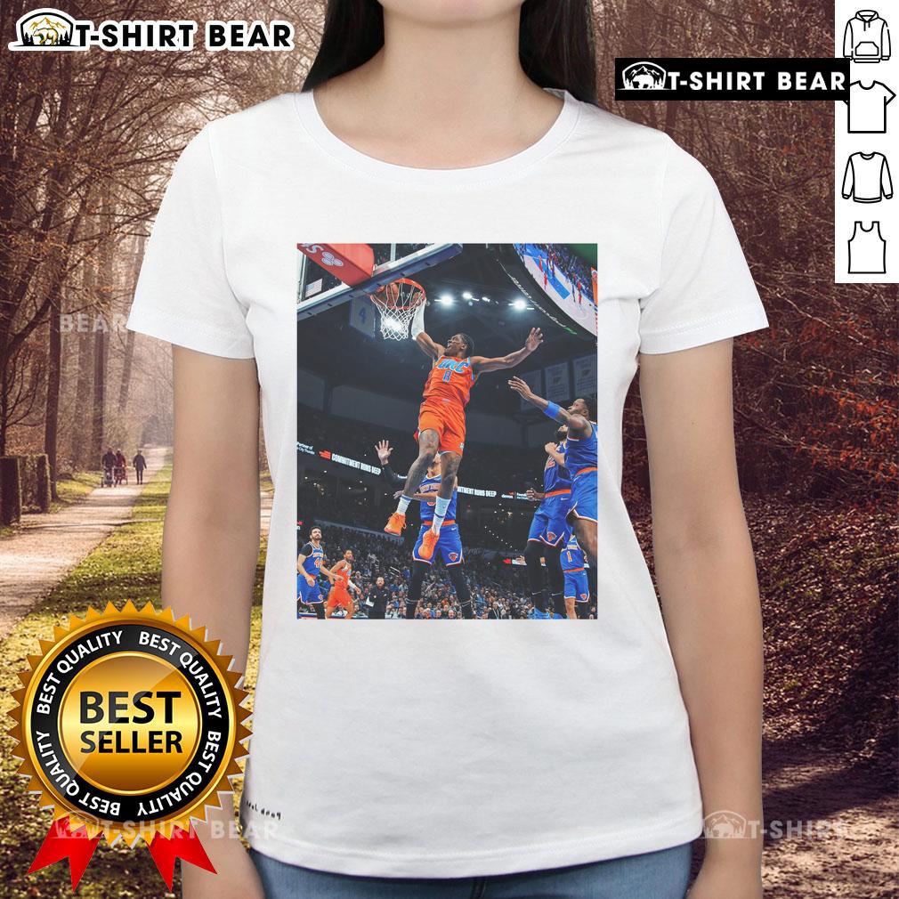 Top Jalen Williams Flying Score Black Game Frames Oklahoma Ladies Tee Alt Text: Jalen Williams soaring for a score in black game frames, featured on an Oklahoma ladies' tee shirt.