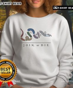 Alt Text: Colorful 'Join or Die' LGBTQ snake sweatshirt showcasing pride and individuality in a stylish design.