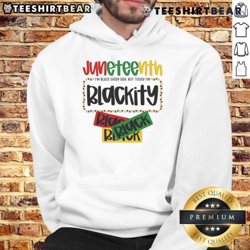 Alt Text: Black Freedom Hoodie featuring Top Juneteenth 1865 Blackity Today design, celebrating African American culture and history.