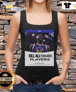 Draymond Green in a tank top, showcasing the 'Top Kill All Forsaken Players' graphic at a basketball event.