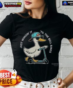 Goose-themed ladies tee celebrating the last day of school, featuring fun design 'Just Wingin' It 'Til the Bell Rings.'
