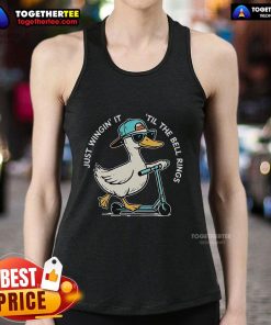 Fun tank top design featuring a goose with the phrase 'Just Wingin It Till The Bell Rings' for the last day of school.