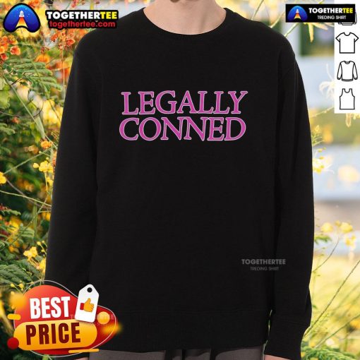 Cozy Top Legally Conned Sweatshirt in navy blue with bold graphic design, perfect for casual wear and street style.