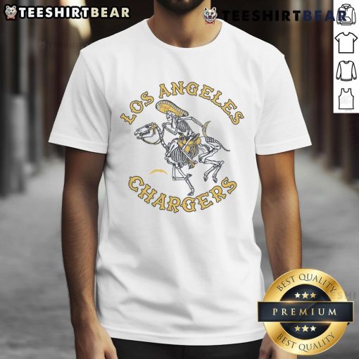 Alt Text: Top Los Angeles Chargers Dia De Los Muertos T-Shirt featuring vibrant skull design and team colors for fans.