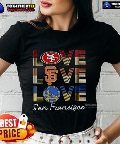 Alt Text: Stylish ladies tee featuring San Francisco 49ers, Giants, and Warriors logos, perfect for sports fans.