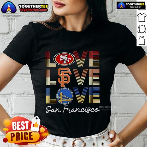 Alt Text: Stylish ladies tee featuring San Francisco 49ers, Giants, and Warriors logos, perfect for sports fans.