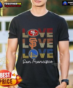 Alt Text: Top Love San Francisco 49ers, Giants, Warriors T-Shirt featuring vibrant team logos and colors for sports fans.