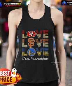 Alt Text: Stylish tank top featuring San Francisco 49ers, Giants, and Warriors logos for sports fans in San Francisco.