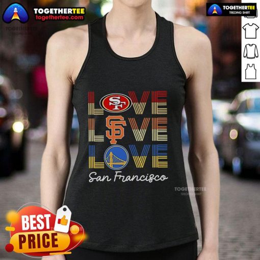 Alt Text: Stylish tank top featuring San Francisco 49ers, Giants, and Warriors logos for sports fans in San Francisco.