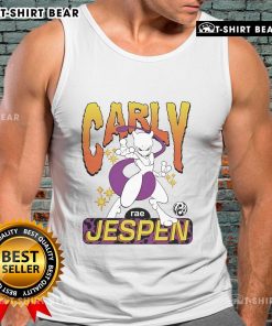 Alt Text: Carly Rae Jepsen wearing a Mewtwo Pokmon tank top designed by Brian Robert Jones, showcasing vibrant colors and style.