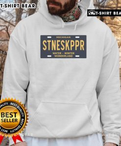 Cozy hoodie featuring the Top Michigan Stoneskipper Water Winter Wonderland license plate design, perfect for winter fashion.