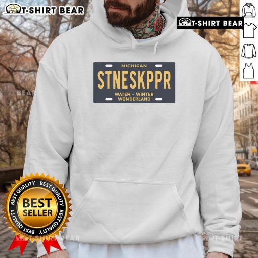 Cozy hoodie featuring the Top Michigan Stoneskipper Water Winter Wonderland license plate design, perfect for winter fashion.