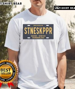 Alt Text: Top Michigan Stoneskipper Water Winter Wonderland license plate t-shirt design featuring vibrant colors and winter themes.