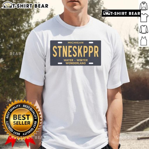 Alt Text: Top Michigan Stoneskipper Water Winter Wonderland license plate t-shirt design featuring vibrant colors and winter themes.