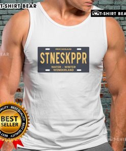 Alt Text: Top Michigan Stoneskipper Water Winter Wonderland license plate tank top featuring a vibrant design and unique graphics.