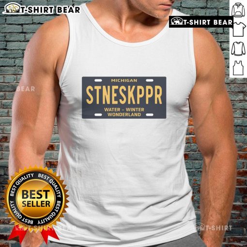 Alt Text: Top Michigan Stoneskipper Water Winter Wonderland license plate tank top featuring a vibrant design and unique graphics.