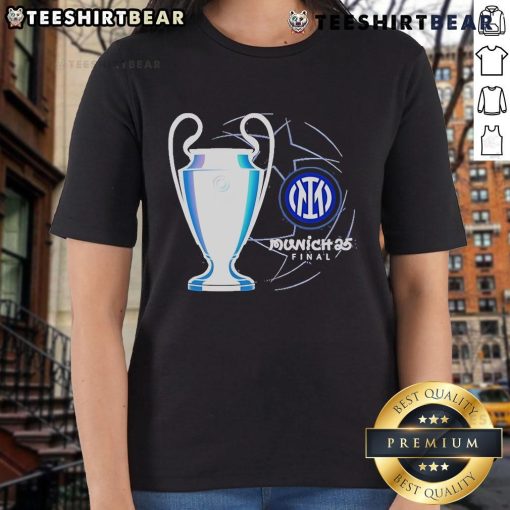 Alt Text: Top Munich 25 UCL Final Inter Milan ladies tee featuring stylish design for passionate football fans.
