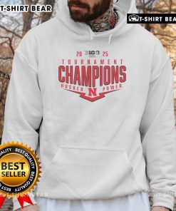 Alt Text: Nebraska Huskers 2025 Big Ten Baseball Conference Tournament Champions hoodie featuring a playoff pitch design.