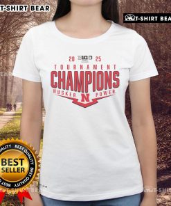 Alt Text: 2025 Big Ten Baseball Conference Tournament Champions tee celebrating Nebraska Huskers playoff victory.