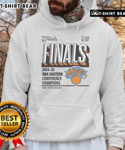 New York Knicks 2025 NBA Eastern Conference Champions locker room hoodie featuring team colors and logo.