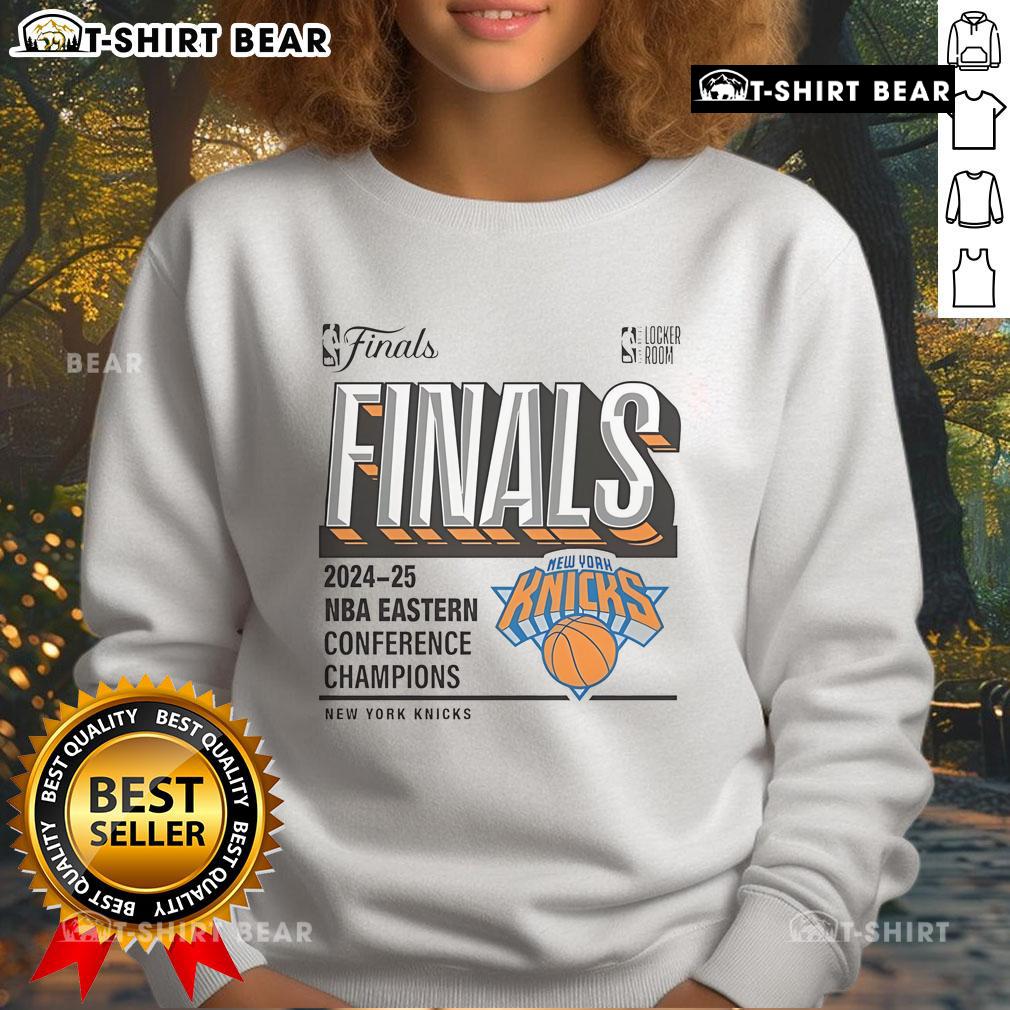 Top New York Knicks 2025 NBA Eastern Conference Champions Locker Room Sweatshirt New York Knicks 2025 NBA Eastern Conference Champions sweatshirt displayed in locker room setting.