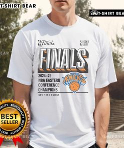 Alt Text: Top New York Knicks 2025 NBA Eastern Conference Champions locker room t-shirt design featuring team colors and logo.
