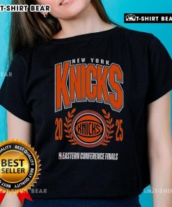 Stylish Top New York Knicks 2025 NBA Eastern Conference Finals ladies tee in vibrant team colors, perfect for fans.