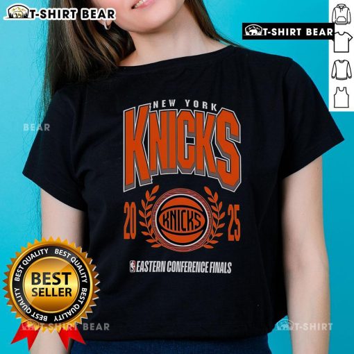Stylish Top New York Knicks 2025 NBA Eastern Conference Finals ladies tee in vibrant team colors, perfect for fans.
