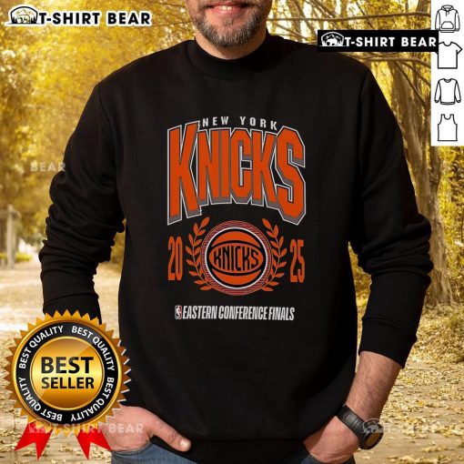 Top New York Knicks 2025 NBA Eastern Conference Finals sweatshirt featuring team colors and logo, perfect for fans.
