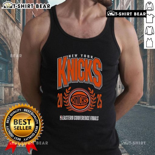 Top New York Knicks 2025 NBA Eastern Conference Finals tank top featuring team colors and logo design.