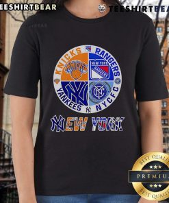 Top New York Yankees, Knicks, Rangers, NYCFC sports circle logo on ladies tee, perfect for NYC sports fans.