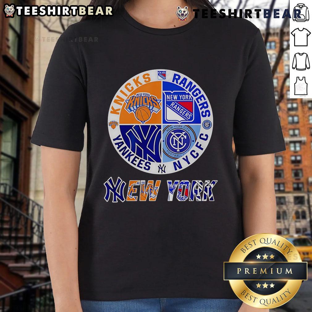 Top New York Yankees Knicks Rangers Nycfc 4 Teams Sports Circle Logo Ladies Tee Top New York Yankees, Knicks, Rangers, NYCFC sports circle logo on ladies tee, perfect for NYC sports fans.