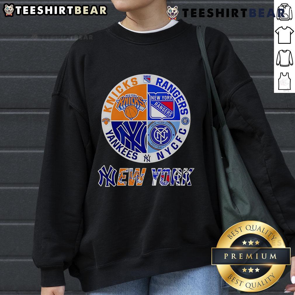 Top New York Yankees Knicks Rangers Nycfc 4 Teams Sports Circle Logo Sweatshirt Alt Text: Top New York Yankees, Knicks, Rangers, and NYCFC logo sweatshirt featuring a stylish sports circle design.