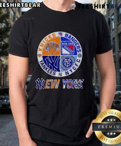 Alt Text: Top New York Yankees, Knicks, Rangers, NYCFC sports circle logo T-shirt showcasing four iconic NYC teams.