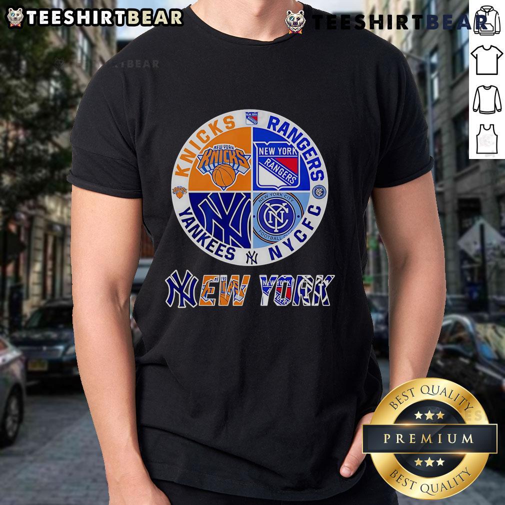 Top New York Yankees Knicks Rangers Nycfc 4 Teams Sports Circle Logo T Shirt Alt Text: Top New York Yankees, Knicks, Rangers, NYCFC sports circle logo T-shirt showcasing four iconic NYC teams.