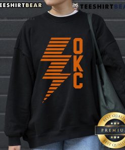 Alt Text: Top OKC Lightning Bolt Thunder Basketball Sweatshirt featuring bold graphic design and comfortable fit for fans.