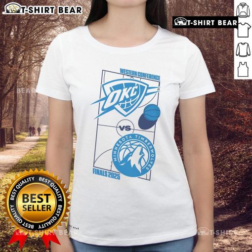 2025 Western Conference Finals matchup Oklahoma City Thunder ladies tee featuring team colors and logo design.