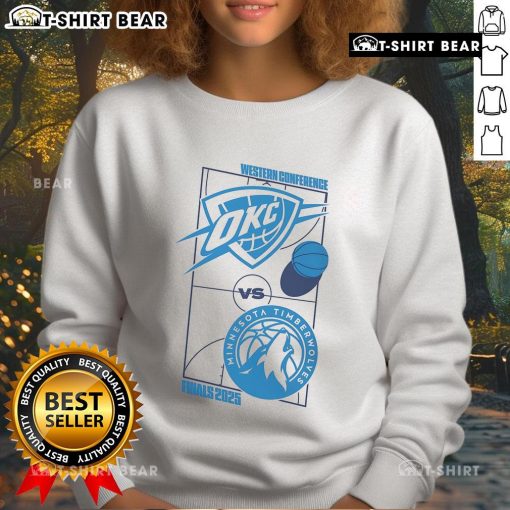 Top Oklahoma City Thunder 2025 Western Conference Finals matchup sweatshirt featuring team colors and logo.