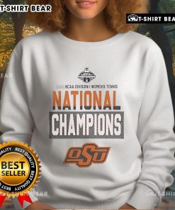 Top Oklahoma State University 2025 NCAA DI Women's Tennis National Champions sweatshirt in orange and black design.