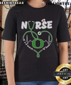 Alt Text: Top Oregon Ducks Nurse It's a Work of Heart Ladies Tee featuring a stylish design for fans and healthcare workers.