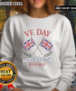 Top Patriot VE Day sweatshirt featuring Union Jack flag for Victory in Europe celebration, perfect for commemorative events.
