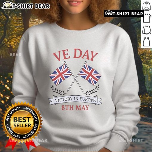 Top Patriot VE Day sweatshirt featuring Union Jack flag for Victory in Europe celebration, perfect for commemorative events.