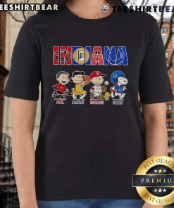Alt Text: Top Peanuts characters on a ladies tee celebrating Indiana sports: Pacers, Indians, and Colts.