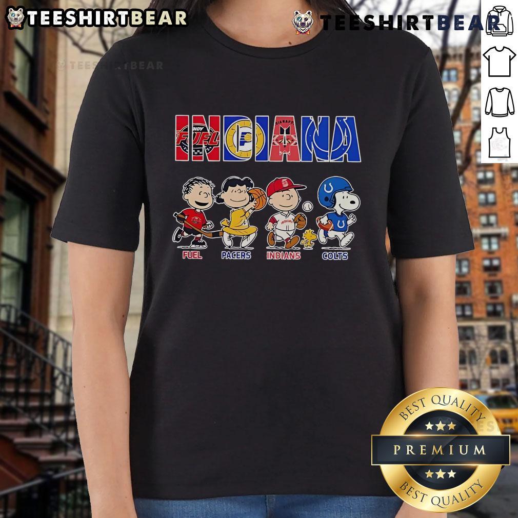 Top Peanuts Characters Indiana Sports Fuel Pacers Indians Colts Ladies Tee Alt Text: Top Peanuts characters on a ladies tee celebrating Indiana sports: Pacers, Indians, and Colts.
