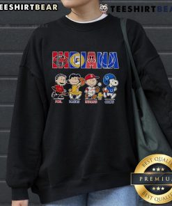 Top Peanuts characters on Indiana sports sweatshirt featuring Pacers, Indians, and Colts designs.