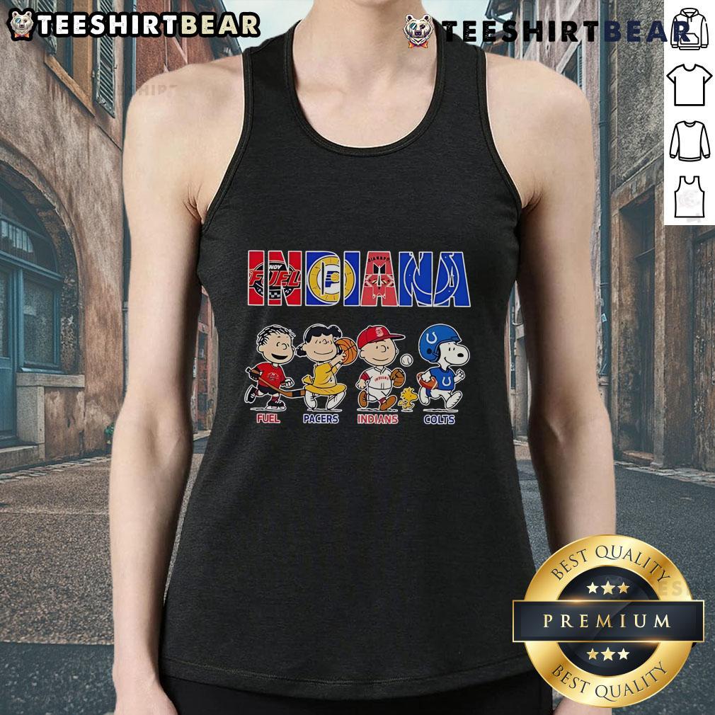 Top Peanuts Characters Indiana Sports Fuel Pacers Indians Colts Tank Top Top Peanuts characters on a tank top, showcasing Indiana sports teams: Pacers, Indians, and Colts. Perfect for fans!