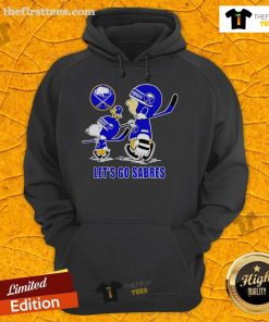 Alt Text: Snoopy, Charlie Brown, and Woodstock on a Buffalo Sabres hoodie with 'Let's Go Sabres' slogan for fans.