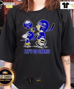 Top Peanuts Snoopy, Charlie Brown, and Woodstock on a Buffalo Sabres 'Let's Go Sabres' ladies tee shirt design.