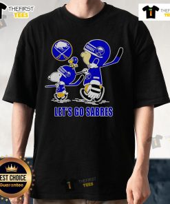 Alt Text: Top Peanuts Snoopy, Charlie Brown, and Woodstock on Buffalo Sabres 'Let's Go Sabres' T-Shirt design.